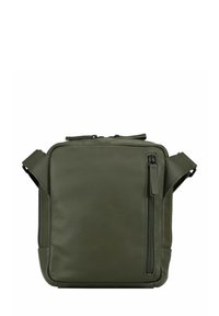 Borsa quadrata in pelle verde oliva con chiusura superiore a zip e tasca laterale con zip. Presenta bordi cuciti e tracolla regolabile.