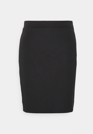 Schwarzer knielanger Bleistiftrock aus glattem Stoff, mit hoher Taille und einem dezenten Reißverschluss an der Seite.