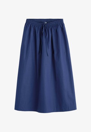 Marineblå nederdel lavet af let materiale, med elastisk talje og snøre samt en flydende A-form.