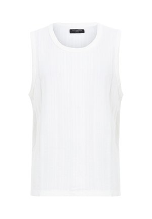 White sleeveless top made of textured fabric with vertical ribbing and a round neckline. Simple design with no embellishments or patterns.