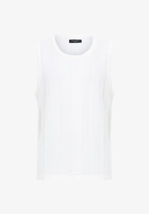 White sleeveless top made of textured fabric with vertical ribbing and a round neckline. Simple design with no embellishments or patterns.