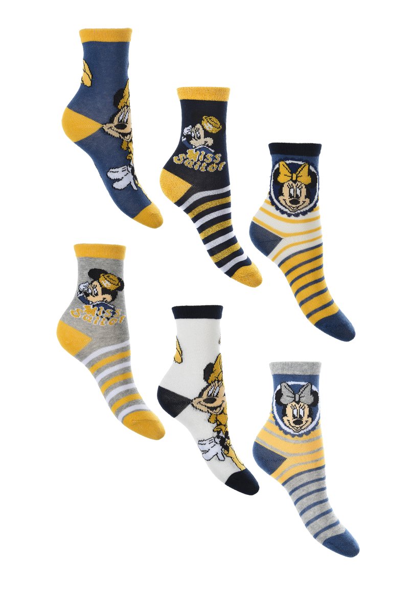 Conjunto de seis calcetines con personajes de dibujos animados. Los colores incluyen azul marino, amarillo y gris. Los patrones incluyen rayas y motivos de personajes. Mezcla de algodón.