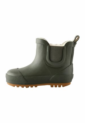 Grüner Gummistiefel mit einer strukturierten schwarzen Sohle, Neopren-Seitenteilen und einer Zuglasche. Verfügt über ein warmes, hell gefärbtes Innenfutter.