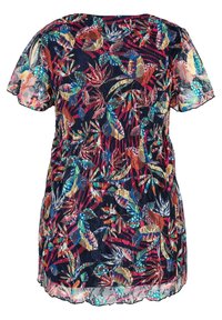 Blouse à motif floral en tissu transparent bleu marine, avec manches courtes volantées et taille froncée. Couleurs vibrantes comprenant des rouges, verts et bleus.