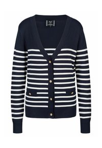 Karierte Strickjacke in Marineblau und Weiß mit V-Ausschnitt, gerippten Bündchen und zwei vorderen Taschen, akzentuiert mit goldfarbenen Knöpfen und einer weichen Textur.