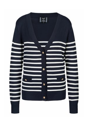 Marineblauwe en witte gestreepte cardigan met een v-hals, ribgebreide manchetten en twee voorzakken, met gouden knopen en een zacht textuur.