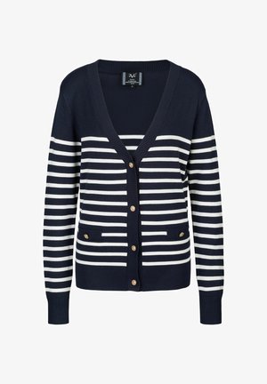 Marineblauwe en witte gestreepte cardigan met een v-hals, ribgebreide manchetten en twee voorzakken, met gouden knopen en een zacht textuur.