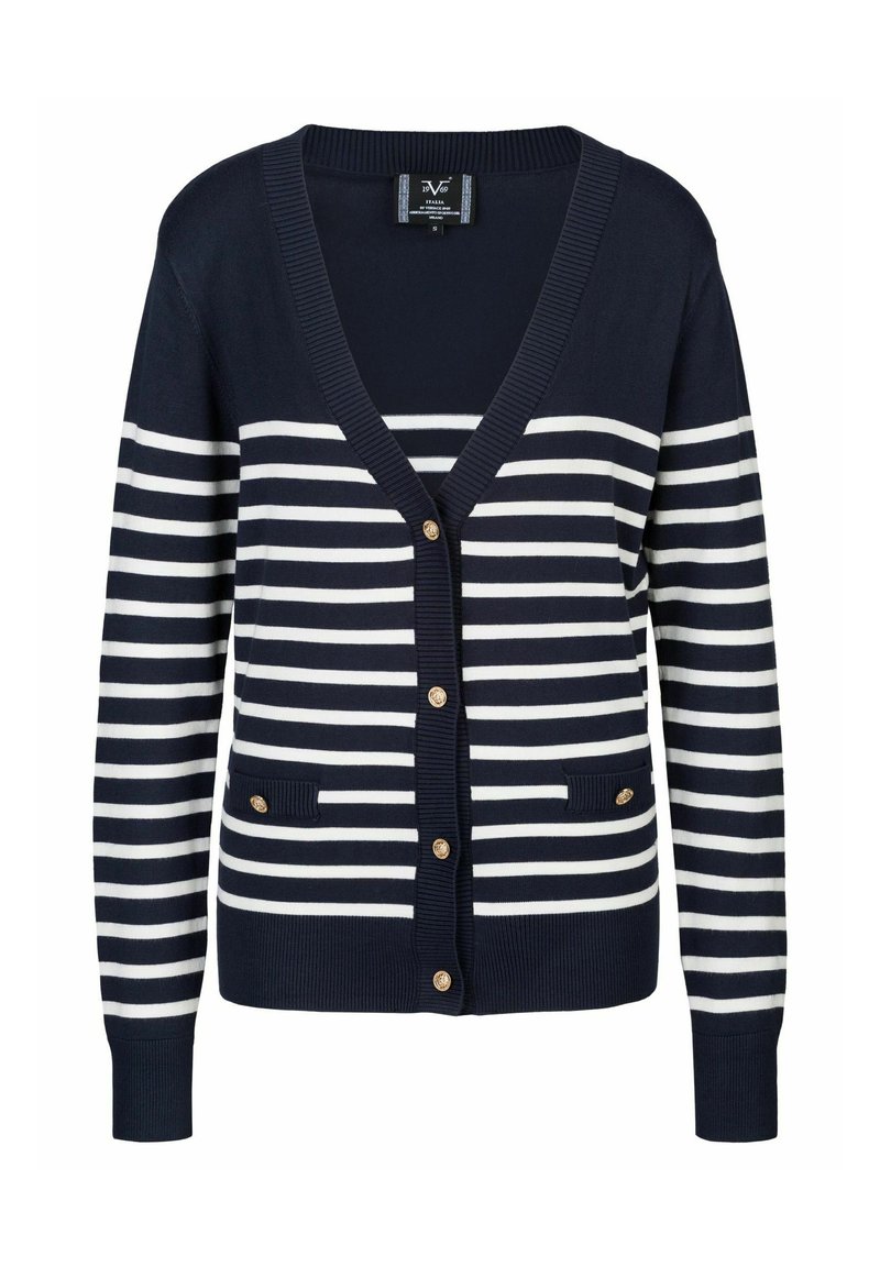 Karierte Strickjacke in Marineblau und Weiß mit V-Ausschnitt, gerippten Bündchen und zwei vorderen Taschen, akzentuiert mit goldfarbenen Knöpfen und einer weichen Textur.