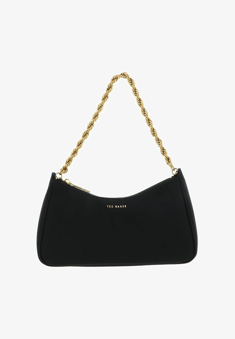 Sac à main noir en matériau lisse, présentant une forme incurvée, une bandoulière chaîne dorée et des détails logo dorés. Fermeture éclair en haut.