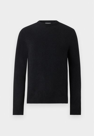 Schwarzer Langarmpullover mit Rundhalsausschnitt, schlichtem, figurbetontem Design ohne sichtbare Muster oder Logos.