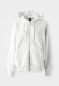 Siva zip-up hoodie izrađena od mekane, teksturirane tkanine. Ima kapuljaču sa šniranjem, prednje džepove te pletene manžete i donji rub.