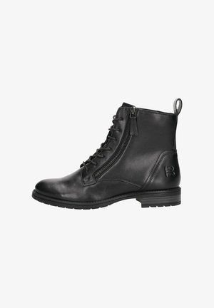 Schwarze Lederstiefel bis zum Knöchel mit runder Zehenform, Schnürung vorne, Reißverschluss-Detail an der Seite und kurzem Blockabsatz. Minimalistisches Design mit geprägtem Logo.