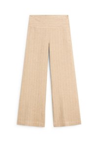 Pantaloni beige a gamba larga con sottili righe verticali bianche. Realizzati in tessuto strutturato. Caratterizzati da una cintura liscia e una vestibilità comoda.