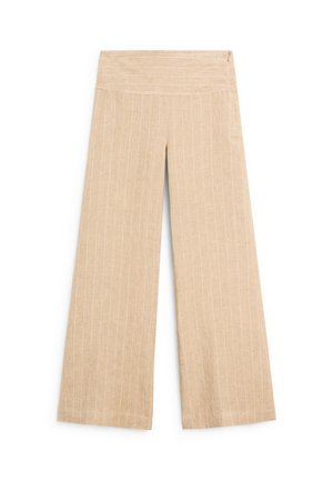 Beige Hosen mit weitem Bein und vertikalen weißen Nadelstreifen. Hergestellt aus einem strukturierten Stoff. Verfügt über einen glatten Bund und eine lockere Passform.