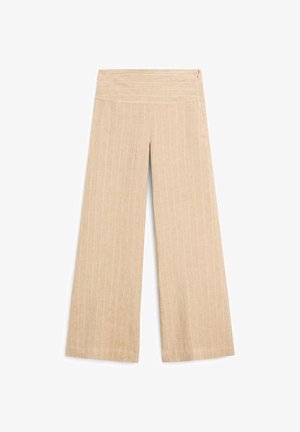 Pantaloni beige a gamba larga con strisce verticali bianche, realizzati in morbido lino, caratterizzati da una vita liscia e una silhouette rilassata.