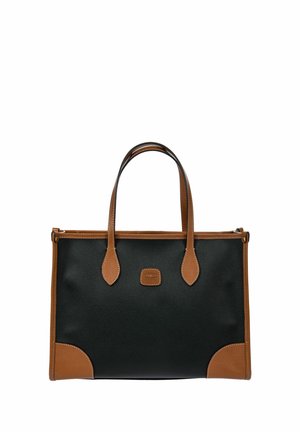 Große schwarze Lederhandtasche mit braunen Akzenten, ausgestattet mit zwei stabilen Griffen, einer strukturierten Form und einer strukturierten Oberfläche.