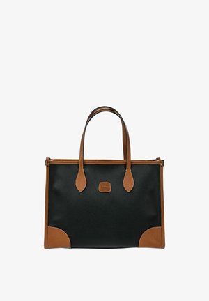 Große schwarze Lederhandtasche mit braunen Akzenten, ausgestattet mit zwei stabilen Griffen, einer strukturierten Form und einer strukturierten Oberfläche.