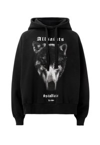 Sudadera negra de algodón suave, con un gran gráfico de un lobo y texto blanco que dice "All Saints Spitalfields London" en el frente.