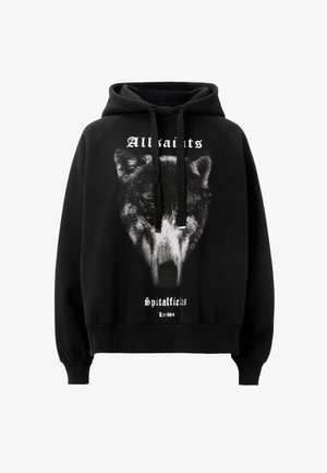 Sort hættejakke lavet af blødt bomuld, med et stort grafisk motiv af en ulv og hvid tekst der siger "All Saints Spitalfields London" på fronten.