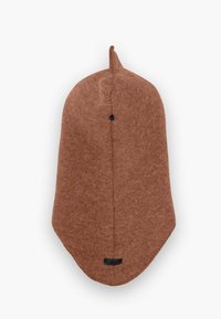 Cappello di feltro marrone con una punta e forma allungata. Presenta una cucitura al centro e un piccolo etichetta nera alla base.