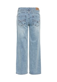 Lyseblå vidbenede jeans lavet af denim. Har knaplukning i taljen, fem lommer og dekorative syninger på baglommerne.