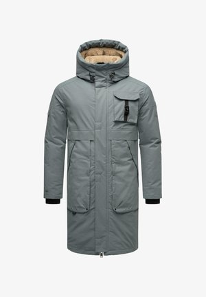 Harmaa pehmustettu takki, jossa on korkea kaulus ja irrotettava huppu. Ominaisuuksiin kuuluvat etutasku, vetoketjut ja joustavat hihansuut. Pehmeä sisävuori.