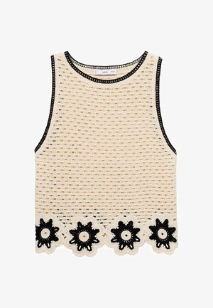 Kvačkana top majica v svetli bež barvi z črnim robom. Ima cvetlični čipkast rob z belimi in črnimi poudarki. Odprta tekstura po celotni površini.