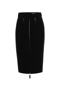 Jupe crayon noire en tissu lisse, dotée d'une fermeture éclair centrale avec des garnitures dorées et des accents en franges noires ; design longueur genou.