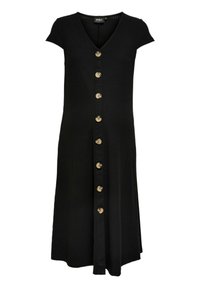 Robe midi noire à côtes avec décolleté en V, manches courtes et devant à boutons comportant six boutons dorés au centre.