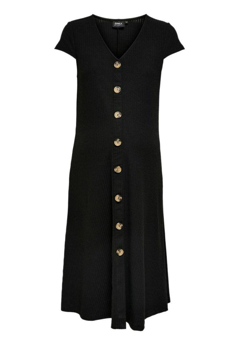 Robe midi noire à côtes avec décolleté en V, manches courtes et devant à boutons comportant six boutons dorés au centre.
