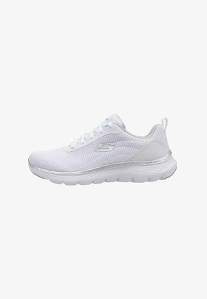 White athletic shoe with mesh upper, lace closure, silver accents, padded collar, and flexible rubber sole, designed for comfort and support.