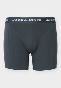 Dunkelgraue Baumwollboxershorts mit eng anliegendem Schnitt, ausgestattet mit einem kontrastierenden elastischen Bund mit "JACK & JONES"-Logo. Glatte Textur, ohne Muster.