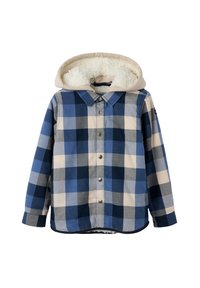 Geruite jas met blauwe en beige kleuren, knoopsluiting en een crèmekleurige, fluffy gevoerde capuchon. Zachte katoenen stof.
