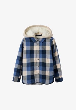 Skjortejakke i ternet design med blå og beige farver, knaplukning og en krave med blød, crempudret foring. Blødt bomuldsstof.
