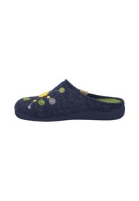 Pantofole slip-on in lana navy con decorazioni a cerchio in verde, giallo e grigio. Texture morbida e suola contornata e imbottita per il massimo comfort.
