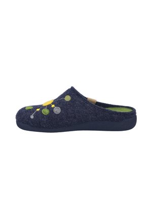 Navy wool slip-on slippers with green, yellow, and gray circle embellishments. Soft texture and cushioned, contoured sole for comfort.