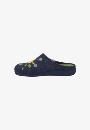 Navy wool slip-on slippers with green, yellow, and gray circle embellishments. Soft texture and cushioned, contoured sole for comfort.