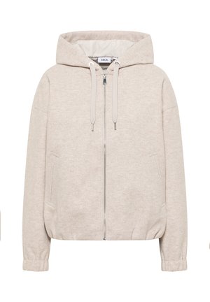 Light beige hooded jacket with a zip front, elastic cuffs, and side pockets. Made from a soft, textured fabric.
