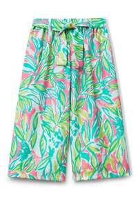 Bermuda a motivi fogliari con un design rosa, verde e turchese. Realizzate in tessuto leggero, presentano una vita elasticizzata e un fiocco frontale.