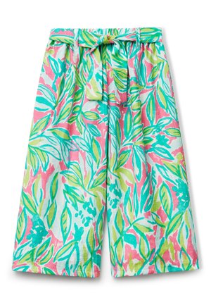 Kurze Hosen mit Blattmuster in Pink, Grün und Türkis. Aus leichtem Material gefertigt, mit einem elastischen Bund und einer vorderen Schlaufe.