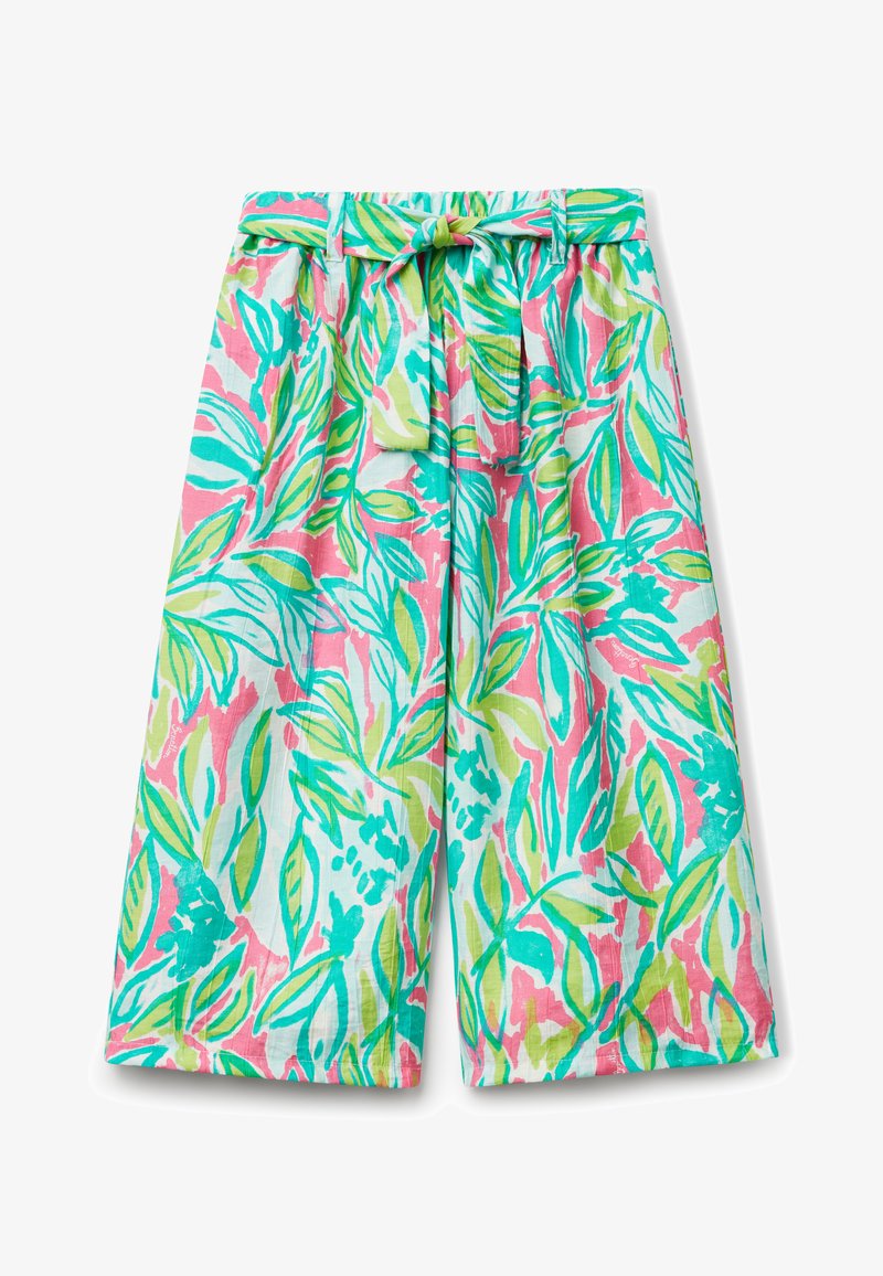 Kurze Hosen mit Blattmuster in Pink, Grün und Türkis. Aus leichtem Material gefertigt, mit einem elastischen Bund und einer vorderen Schlaufe.