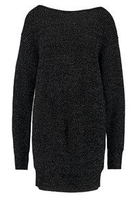 Musta neulepusero, jossa on rento olkapäät paljastava malli, pitkät hihat, resorikuvio ja hienovaraiset metallinhohtoiset langat lisäyksinä.