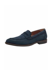 Marineblaue Wildleder Slipper mit glatter Oberfläche, leicht spitzer Zehenform, dekorativem Riemen und niedrigem braunen Absatz. Minimale Steppnähte an den Seiten.