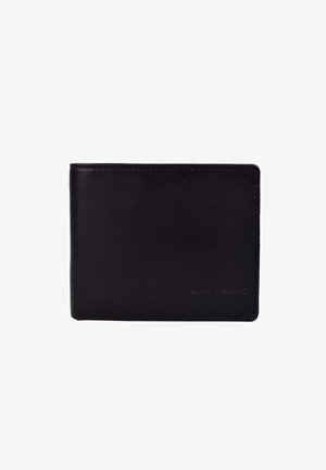 Portafoglio in pelle nera con una texture liscia, design a pieghetta e logo impresso. I bordi sono arrotondati e presenta sottili dettagli di cucitura.
