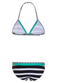 Gestreiftes Bikini-Set mit einem dreieckigen Oberteil in Schwarz-Weiß-Streifen und einem türkisfarbenen Unterband, kombiniert mit passendem gestreiften Unterteil.