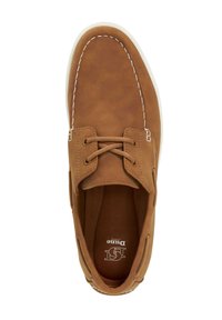 Brown leather boat shoe with white stitching and laces. Smooth texture with a round toe and a cushioned interior. Logo visible on insole.