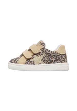 Child's leopard print sneaker with beige suede straps, a glittery gold star, and white rubber sole, shown from the side.
