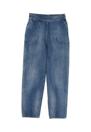 Pantalon en denim bleu fuselé avec taille haute et grandes poches plaquées à l’avant sur fond blanc.