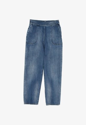 Pantalon en denim bleu fuselé avec taille haute et grandes poches plaquées à l’avant sur fond blanc.