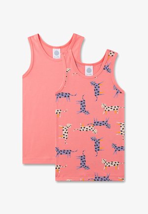 Zwei Baumwoll-Toppen: eines in einfarbig Koralle und eines mit bunten, gefleckten Katzen in Lila, Schwarz und Orange, mit breiten Schulterträgern.